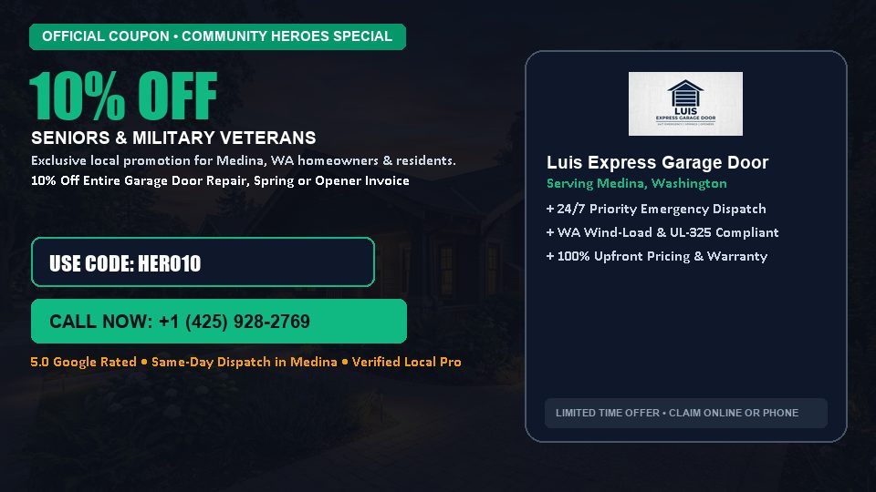 Luis Express Garage Door 10% OFF Seniors & Military Veterans in Medina, WA